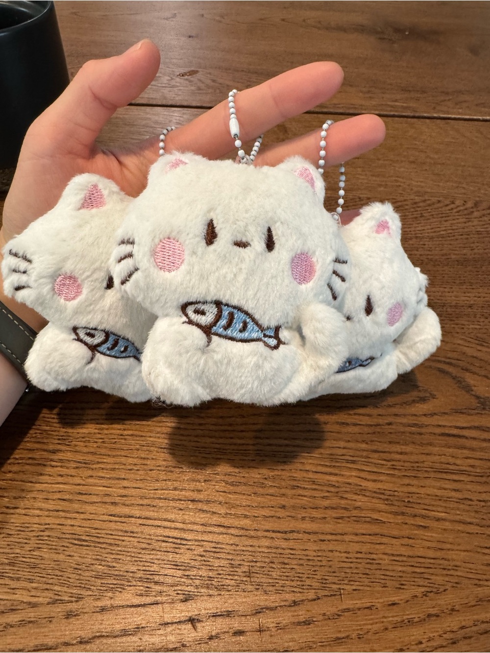 White Squeaky Plush Kitty with Fish Keychain Bag Charm - Cute Soft Accessory